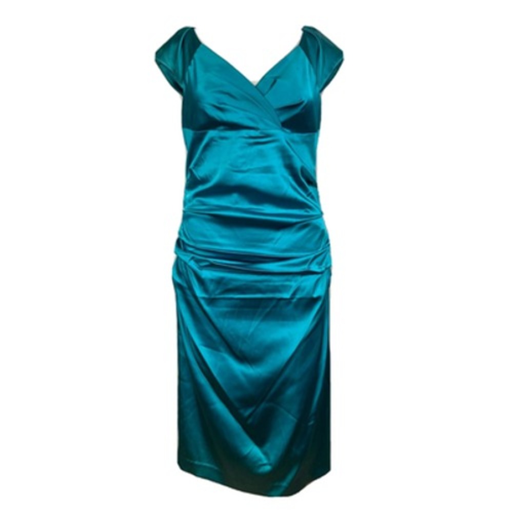 NWT Suzi Chin Maggy Boutique Dress Sz 10‎ Turquoise Blue Satin Sheath Ruched